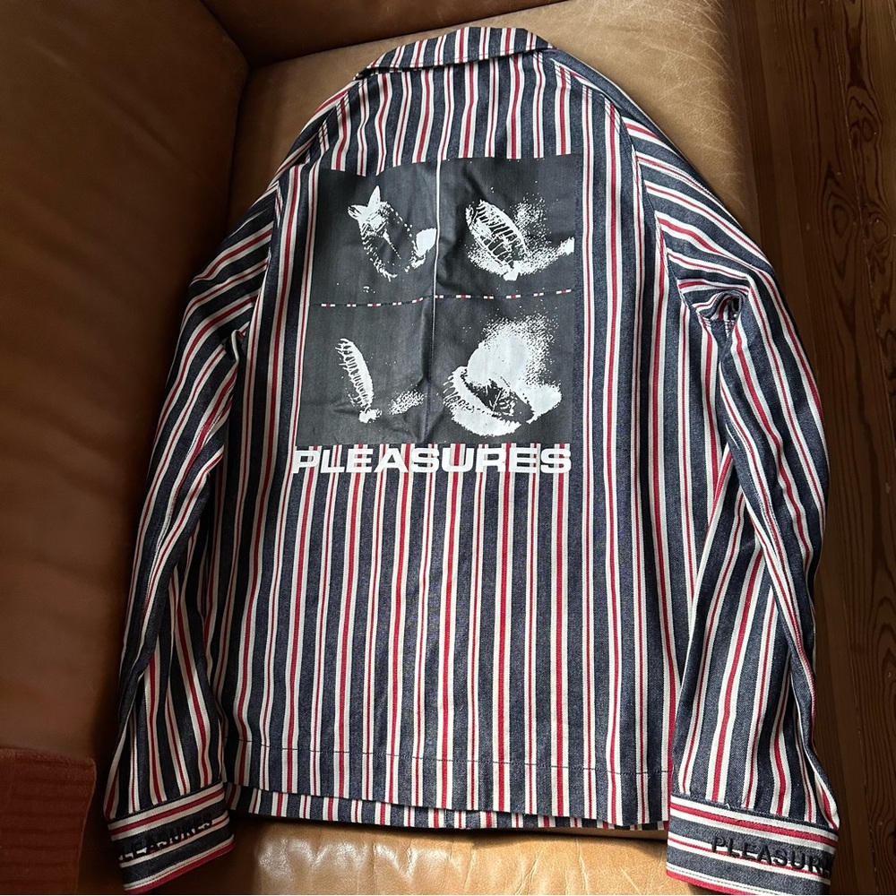 PLEASURES striped chore jacket over shirt shacket denim red printed graphic